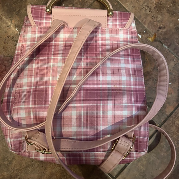 Pink white gold check plaid gingham Lolita backpack cottage bag - Picture 5 of 9